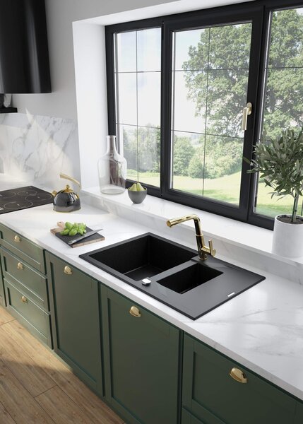 Deante Andante, chiuveta granit 780x490x194 mm + sifon de economisire a spațiului, 1,5 camere, negru, ZQN_N513