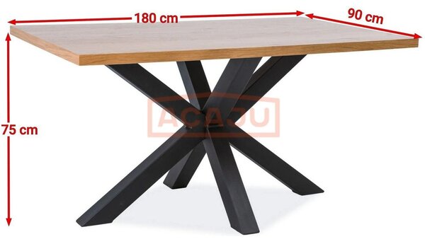 Masa CROSS, stejar/negru, furnir/metal, 180x90x75 cm