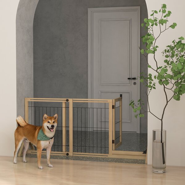 PawHut Gard Extensibil pentru Câini, Gard de Siguranță pentru Animale cu Ușă și 2 Panouri, Picioare Triangulare, 112-159x70 cm, Lemn Natural | Aosom Romania