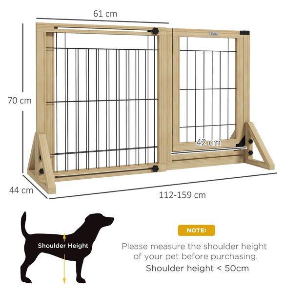 PawHut Gard Extensibil pentru Câini, Gard de Siguranță pentru Animale cu Ușă și 2 Panouri, Picioare Triangulare, 112-159x70 cm, Lemn Natural | Aosom Romania