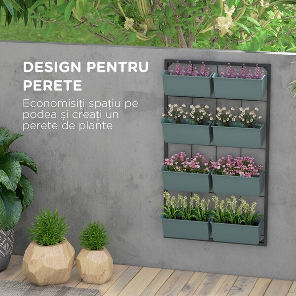 Outsunny Suport pentru Plante, 8 Ghivece Stivuibile, Rezistente la Intemperii, 52.5 x 14 x 90 cm, Gri + Negru | Aosom Romania