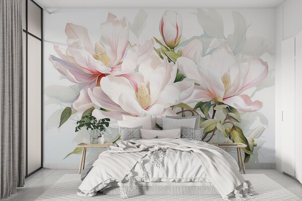 Tapet Flori de magnolie cu petale albe și roz, frunze și ramuri maro, stil acuarelă moale și delicat, Fototapet Flori, w08885 : Uwalls.ro