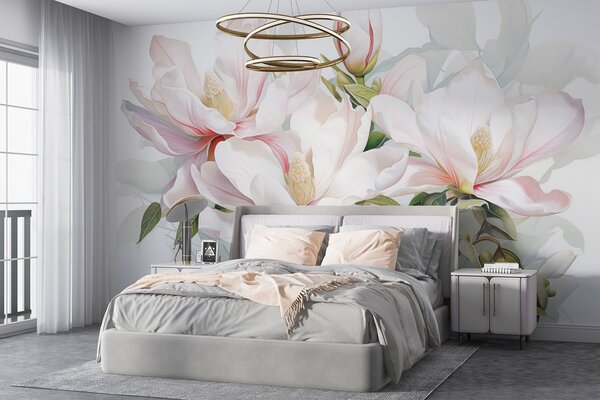 Tapet Flori de magnolie cu petale albe și roz, frunze și ramuri maro, stil acuarelă moale și delicat, Fototapet Flori, w08885 : Uwalls.ro