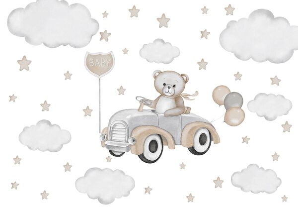 Tapet Ilustrație adorabilă a unui ursuleț de pluș care conduce o, Fototapet Pentru Copii, Fototapet pentru camera unei fete, w03382 : Uwalls.ro