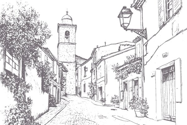 Tapet Strada orașului, arhitectură frumoasă, clădiri, mediteraneană, desen liniar, culoare bej, Fototapet în stil vintage, w03345v1 : Uwalls.ro
