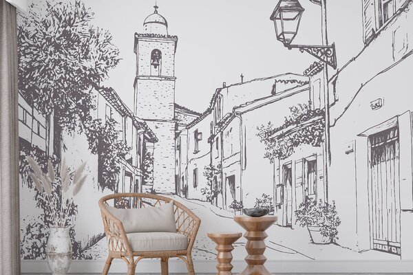 Tapet Strada orașului, arhitectură frumoasă, clădiri, mediteraneană, desen liniar, culoare bej, Fototapet în stil vintage, w03345v1 : Uwalls.ro