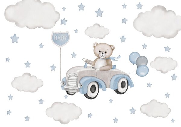 Tapet Ilustrație adorabilă a unui ursuleț de pluș care conduce o mașină de epocă printre nori și stele, Fototapet Pentru Copii, w03382v1 : Uwalls.ro