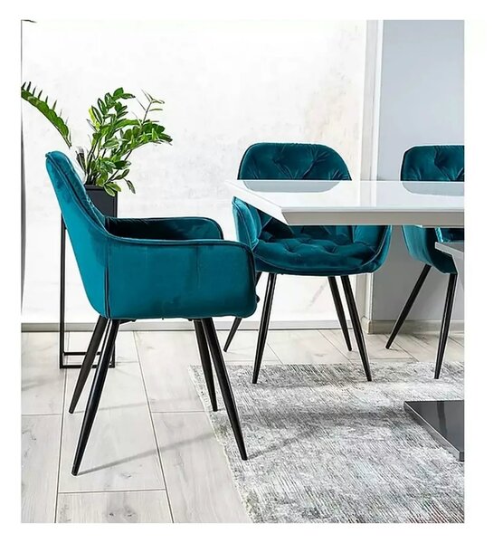 Scaun tapitat modern CHERRY, turcoaz/negru, stofa catifelata/metal, 57