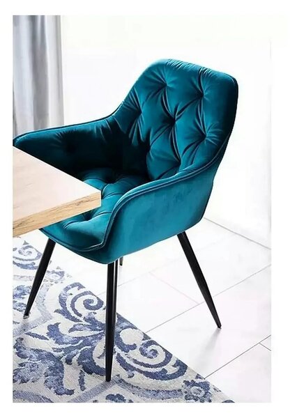 Scaun tapitat modern CHERRY, turcoaz/negru, stofa catifelata/metal, 57