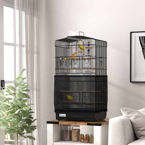 PawHut Colivie pentru pasari cu Stinghii, Leagan si boluri, Voliera din Metal si Plastic, 46.5x35.5x92 cm, Negru | Aosom Romania