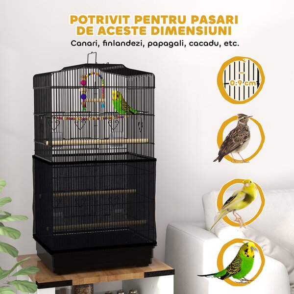 PawHut Colivie pentru pasari cu Stinghii, Leagan si boluri, Voliera din Metal si Plastic, 46.5x35.5x92 cm, Negru | Aosom Romania