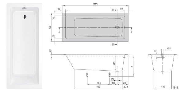 Villeroy & Boch Targa Plus cada dreptunghiulară 159.5x70 cm alb UBA167NES2V-01