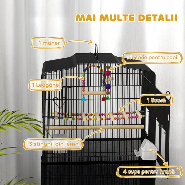 PawHut Colivie pentru pasari cu Stinghii, Leagan si boluri, Voliera din Metal si Plastic, 46.5x35.5x92 cm, Negru | Aosom Romania