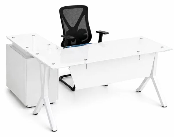 Set Evolution & Novaire - Birou cu blat din sticla,dulap lateral fix si Scaun de birou ergonomic cu spatar din plasa