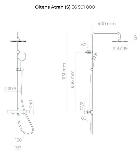 Oltens Atran set de duș perete cu termostat cu duș de ploaie auriu strălucitor 36501800
