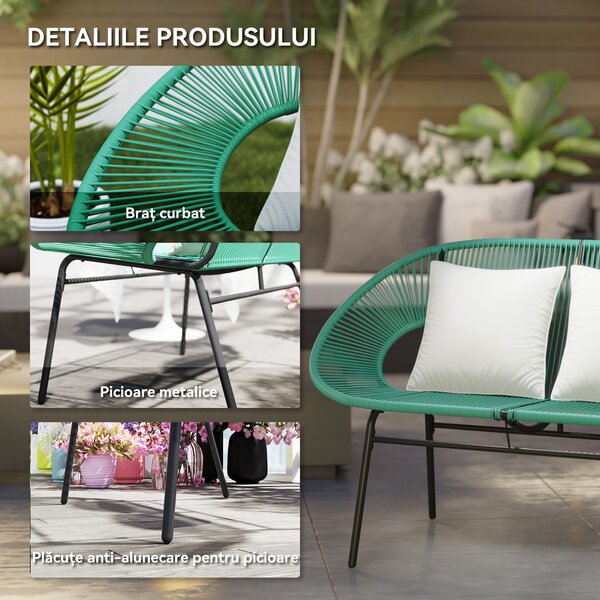 Outsunny Bancă de Grădină 2 Locuri din Răchită PE, Canapea de Exterior cu Perne, Cotiere și Cadru din Oțel, Bancă pentru Terasă și Curte, 132x72x83 cm, Verde Închis | Aosom Romania