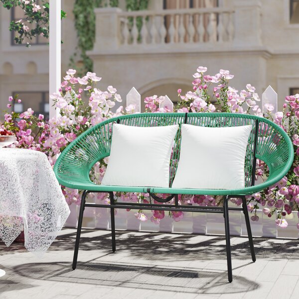 Outsunny Bancă de Grădină 2 Locuri din Răchită PE, Canapea de Exterior cu Perne, Cotiere și Cadru din Oțel, Bancă pentru Terasă și Curte, 132x72x83 cm, Verde Închis | Aosom Romania