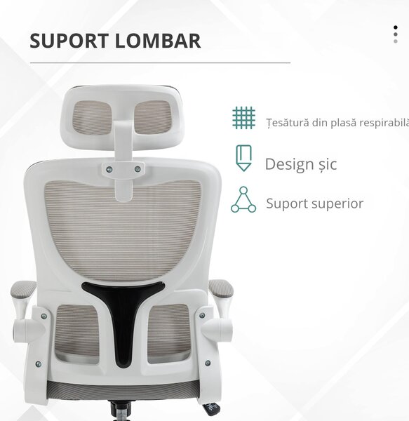 Vinsetto Scaun Ergonomic de Birou, Tetieră Reglabilă, Suport Lombar, 70x66x120-128 cm, Gri | Aosom Romania