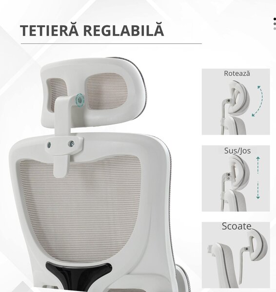 Vinsetto Scaun Ergonomic de Birou, Tetieră Reglabilă, Suport Lombar, 70x66x120-128 cm, Gri | Aosom Romania