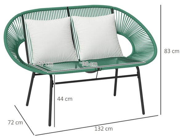 Outsunny Bancă de Grădină 2 Locuri din Răchită PE, Canapea de Exterior cu Perne, Cotiere și Cadru din Oțel, Bancă pentru Terasă și Curte, 132x72x83 cm, Verde Închis | Aosom Romania