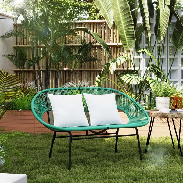 Outsunny Bancă de Grădină 2 Locuri din Răchită PE, Canapea de Exterior cu Perne, Cotiere și Cadru din Oțel, Bancă pentru Terasă și Curte, 132x72x83 cm, Verde Închis | Aosom Romania