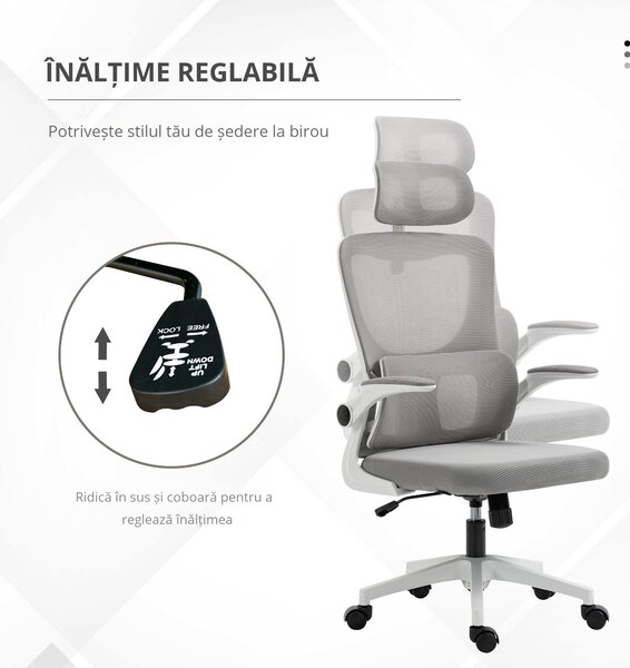Vinsetto Scaun Ergonomic de Birou, Tetieră Reglabilă, Suport Lombar, 70x66x120-128 cm, Gri | Aosom Romania