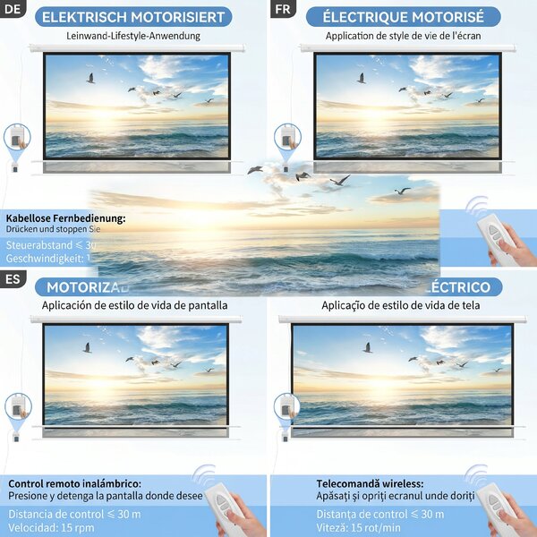 Ecran de Proiectie Motorizat de 84 de inci, 4K HD 16:9, cu Doua Telecomenzi pentru Interior/Exterior 215x8x140cm HOMCOM | Aosom Romania