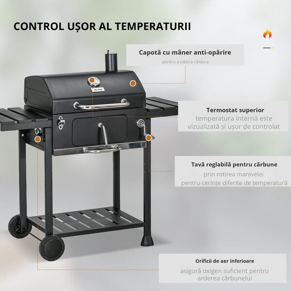 Outsunny Grătar cu Tavă de Cărbune Reglabilă, Grilaj de Grătar din Oțel Galvanizat cu Rafturi de Depozitare, 120x64x114 cm, Negru | Aosom Romania