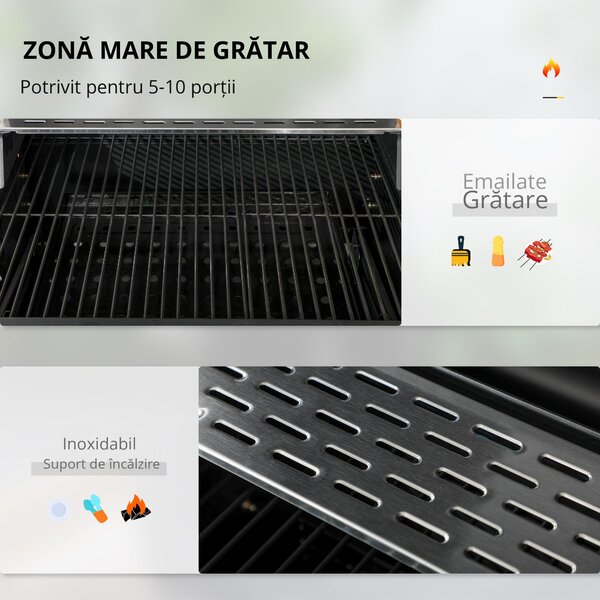 Outsunny Grătar cu Tavă de Cărbune Reglabilă, Grilaj de Grătar din Oțel Galvanizat cu Rafturi de Depozitare, 120x64x114 cm, Negru | Aosom Romania