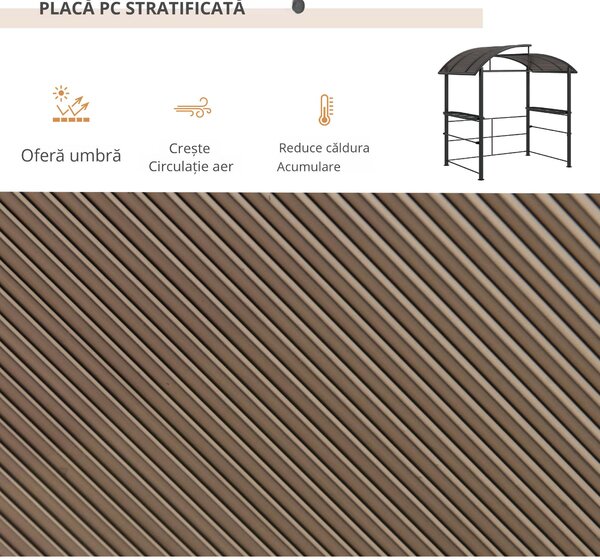 Outsunny Foișor Grătar cu Acoperiș din Policarbonat și 2 Rafturi de Depozitare, Foișor de Grădină Metalic și PC, 240x150x230 cm, Gri Închis