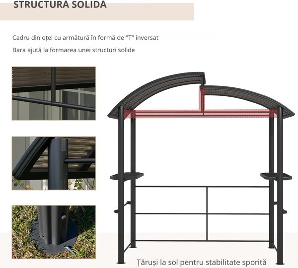 Outsunny Foișor Grătar cu Acoperiș din Policarbonat și 2 Rafturi de Depozitare, Foișor de Grădină Metalic și PC, 240x150x230 cm, Gri Închis