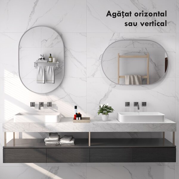 HOMCOM Oglindă Ovală pentru Baie, Oglindă Modernă de Perete cu Rama din Aluminiu și Montaj Vertical sau Orizontal, 60x90 cm, Argintiu | Aosom Romania