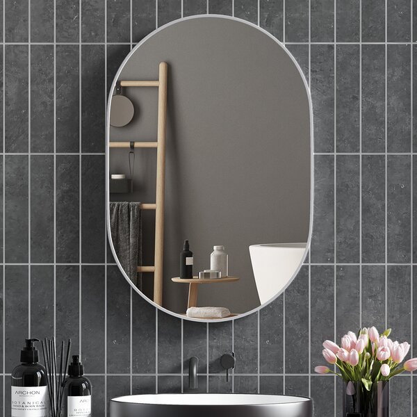 HOMCOM Oglindă Ovală pentru Baie, Oglindă Modernă de Perete cu Rama din Aluminiu și Montaj Vertical sau Orizontal, 60x90 cm, Argintiu | Aosom Romania