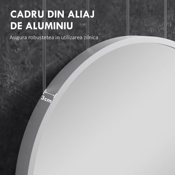 HOMCOM Oglindă Ovală pentru Baie, Oglindă Modernă de Perete cu Rama din Aluminiu și Montaj Vertical sau Orizontal, 60x90 cm, Argintiu | Aosom Romania