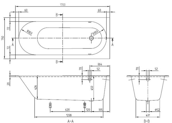 Villeroy & Boch Oberon cada dreptunghiulară 170x75 cm alb UBQ170OBE2V-01