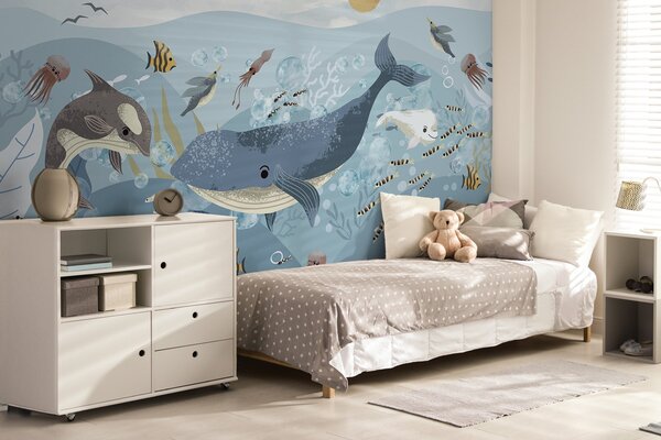 Tapet Copii ilustrare imprimare drăguț cu balena albastră înconjurat de pești, calmarii, meduze într-un ocean, Fototapet Marea, w08921 : Uwalls.ro