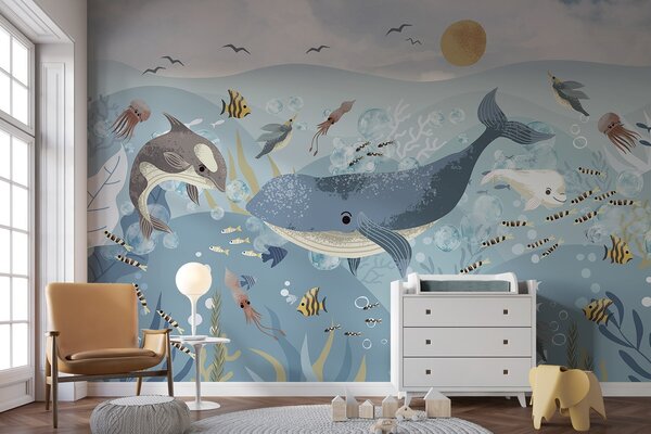 Tapet Copii ilustrare imprimare drăguț cu balena albastră înconjurat de pești, calmarii, meduze într-un ocean, Fototapet Marea, w08921 : Uwalls.ro