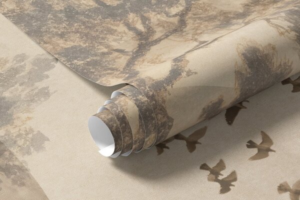 Tapet Peisaj de epocă texturat cu un copac lângă râu și un cer înnorat, arta naturii în tonuri sepia, Fototapet Natură, w08920 : Uwalls.ro