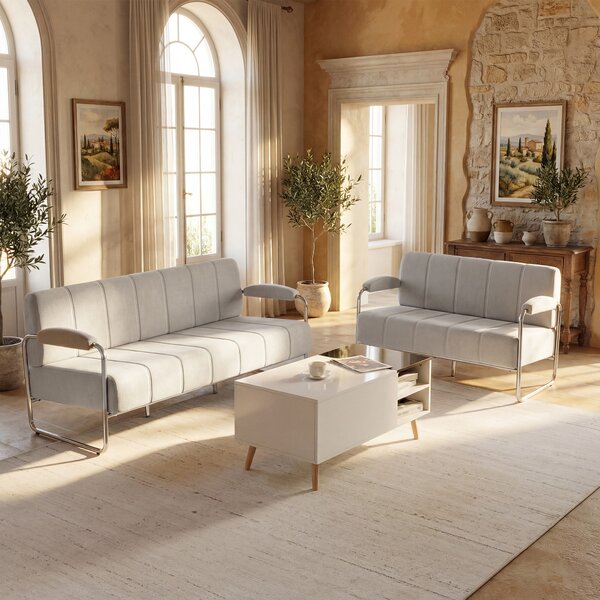 HOMCOM Canapea cu 2 Locuri Tapițată în Chenille cu Cusături Duble, Canapea Modernă cu Brațe și Picioare din Oțel, pentru Living, Birou și Dormitor, 120x73x76 cm, Bej | Aosom Romania