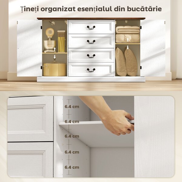 HOMCOM Credență de Bucătărie, Mobilier de Bucătărie cu 4 Sertare Soft Close, Blat Gros, Bufet cu Rafturi Reglabile, Stil Rustic, pentru Sufragerie, Sala de Mese, 147x40x87 cm, Alb | Aosom Romania