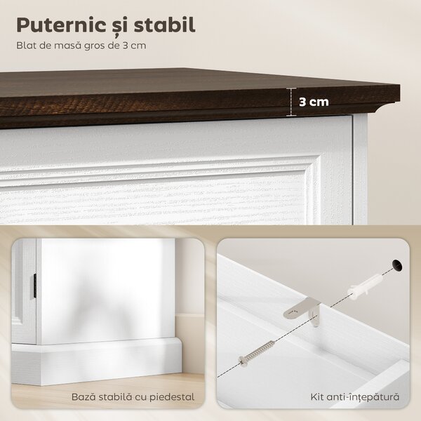 HOMCOM Credență de Bucătărie, Mobilier de Bucătărie cu 4 Sertare Soft Close, Blat Gros, Bufet cu Rafturi Reglabile, Stil Rustic, pentru Sufragerie, Sala de Mese, 147x40x87 cm, Alb | Aosom Romania