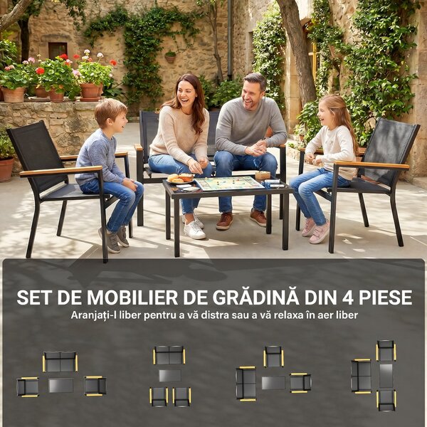 Outsunny Set Mobilier Exterior, Rezistent la Rugină, 4 Piese, Negru | Aosom Romania
