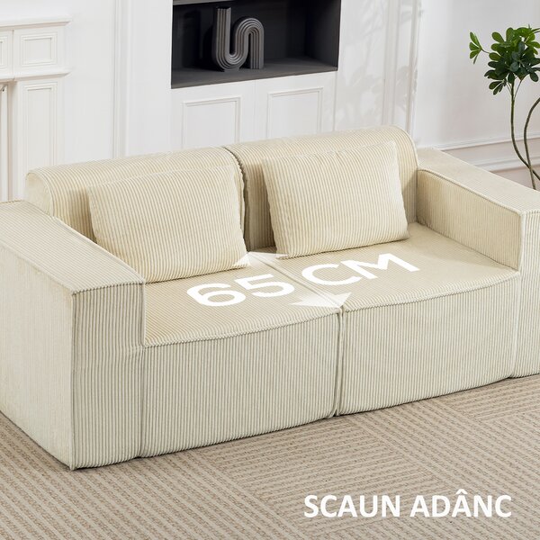 HOMCOM Canapea 3 Locuri Extra Profundă 65 cm, Modulară Fără Structură cu Perne Groase, Cotiere Largi și 2 Perne, Sofá Modern din Catifea pentru Living și Sufragerie, Bej | Aosom Romania