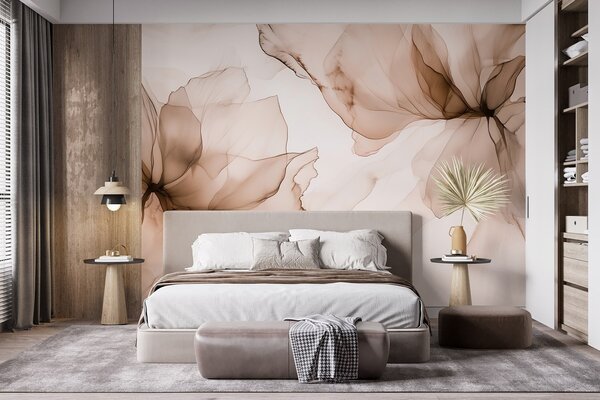 Tapet Flori în stil fluid, abstracție florală, acuarelă, paletă de culori bej , Fototapet Acuarelă, w03406v3 : Uwalls.ro