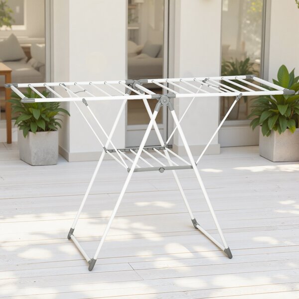 HOMCOM Uscător de Rufe cu 2 Niveluri Reglabil pe 4 Înălțimi Diferite, Uscător din Metal și Plastic, 156.5x61.5x97 cm, Alb | Aosom Romania