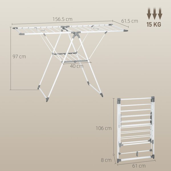 HOMCOM Uscător de Rufe cu 2 Niveluri Reglabil pe 4 Înălțimi Diferite, Uscător din Metal și Plastic, 156.5x61.5x97 cm, Alb | Aosom Romania