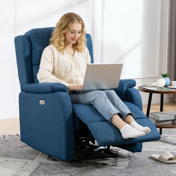 HOMCOM Fotoliu Relax Electric Reclinabil 150° cu Suport pentru Picioare și Port USB, Fotoliu Reclinabil Electric cu Cotiere Largi, Material cu Aspect de In, pentru Living, Dormitor, Albastru | Aosom Romania