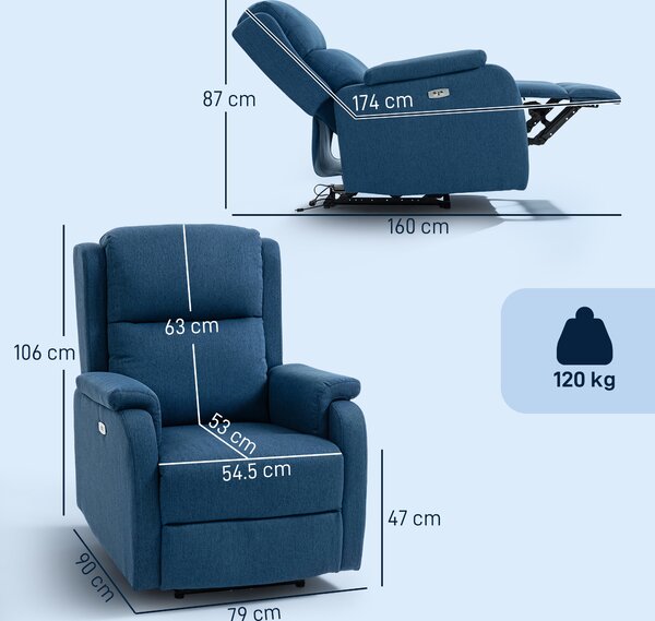 HOMCOM Fotoliu Relax Electric Reclinabil 150° cu Suport pentru Picioare și Port USB, Fotoliu Reclinabil Electric cu Cotiere Largi, Material cu Aspect de In, pentru Living, Dormitor, Albastru | Aosom Romania