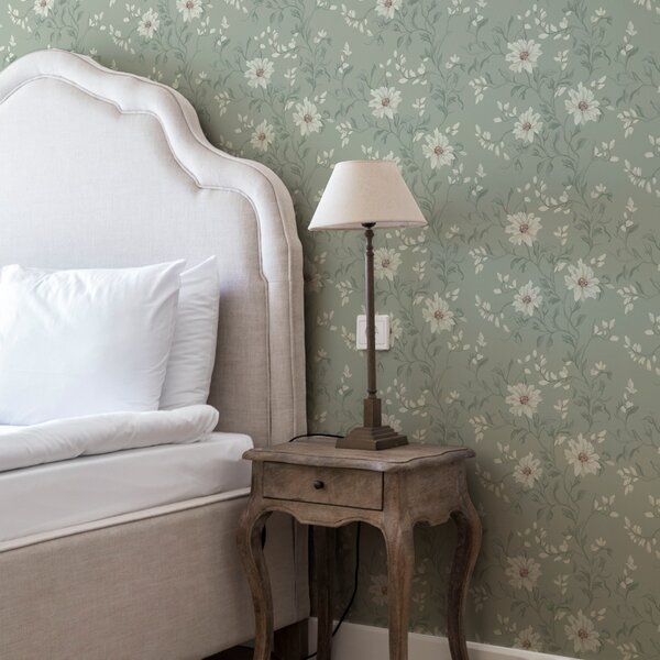 Tapet Flori albe cu frunze agitate, Tapet rustic, a00001 : Uwalls.ro