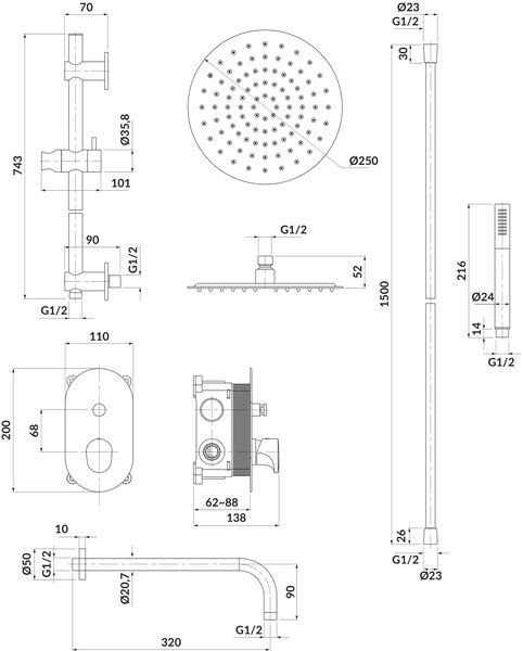 Cersanit Inverto set de duș ascuns auriu S952-007